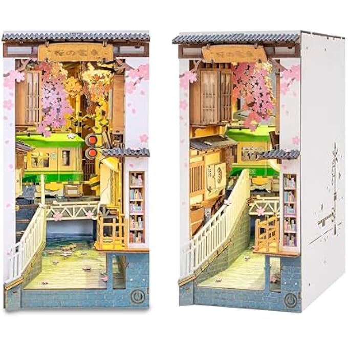 BOOK NOOK KIT, DIY BOOKNOOK BOOKEND MODEL KIT MADE OF WOOD - MINIATURE HOUSE KIT, JAPAN ART WITH LIGHT, 3D WOODEN PUZZLE MINIATURE CRAFT SET - SAKURA DENSYA - Image 1